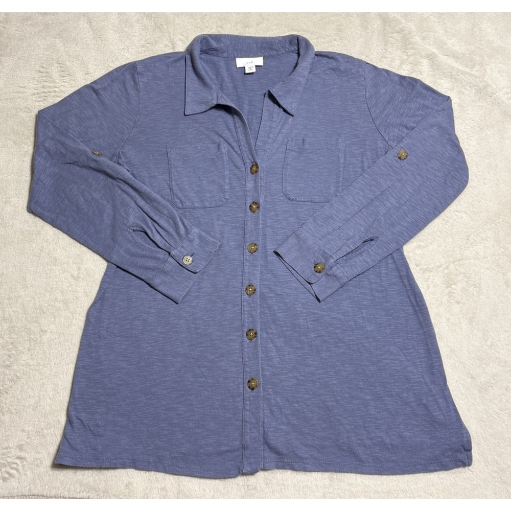 J Jill Shirt Top Women's Petite Small Blue Pocket Roll Tab Long Sleeve Blouse
